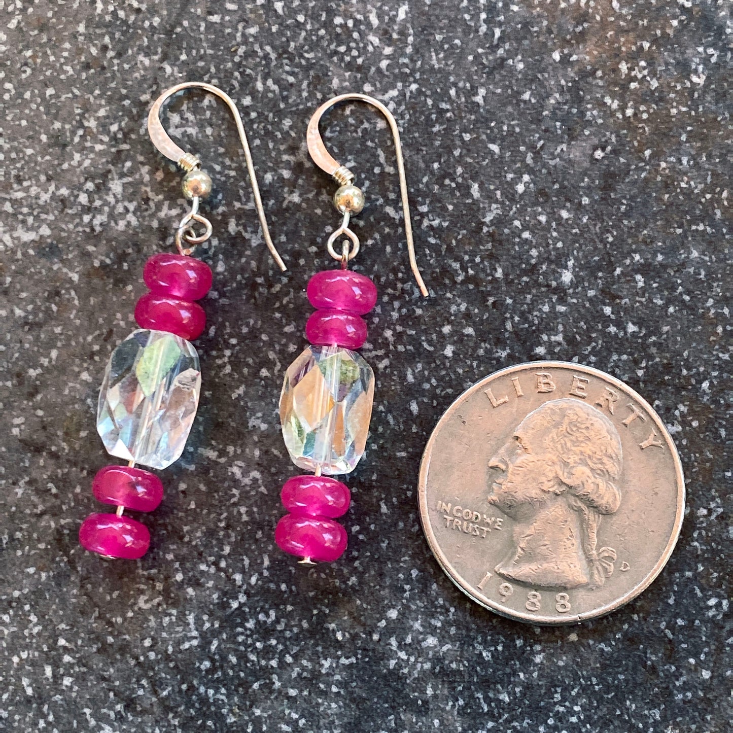 Pink chalcedony gemstone & quartz sterling silver drop earrings