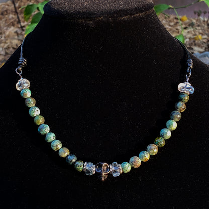 African Turquoise, Green amethyst gemstone, and Sterling Silver Leather Necklace