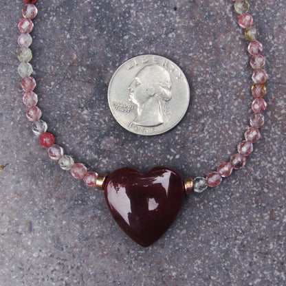 Red Agate Gemstone Heart, Cherry Quartz , 14 kt Rose Gold Fill Necklace