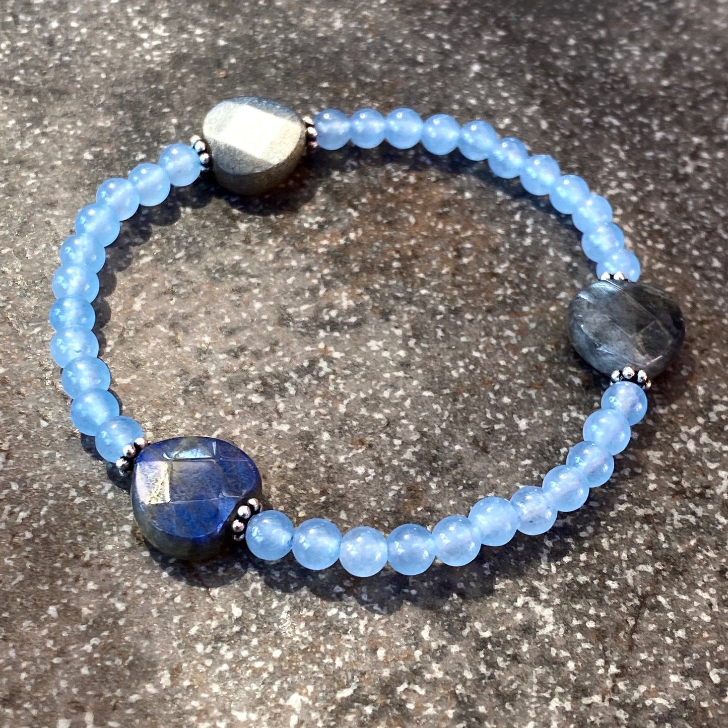 Women's Labradorite hearts, blue Chalcedony  Sterling Silver stretch bracelet