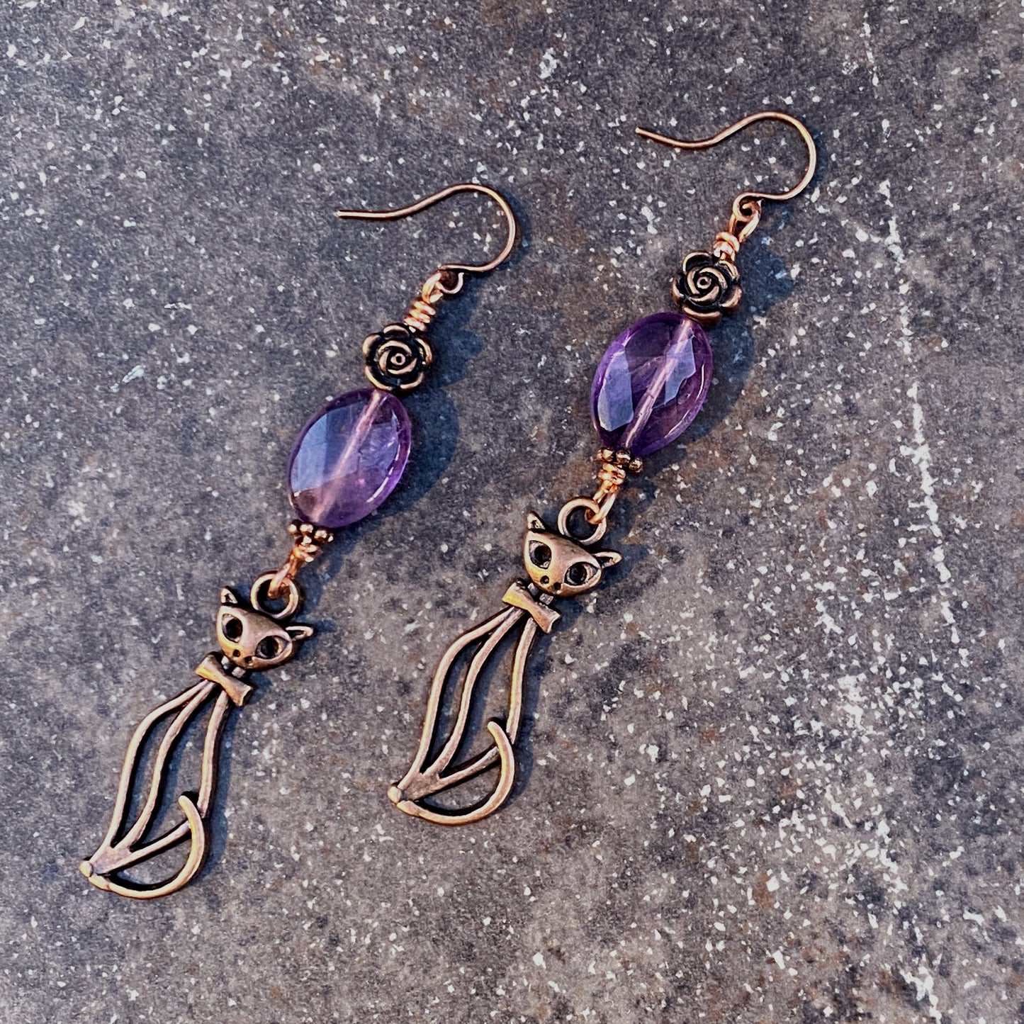 Amethyst gemstone and Copper Kitty Crystal Drop Earrings
