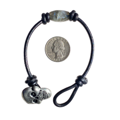 Labradorite gemstone Leather bracelet with Pewter Skull Button clasp