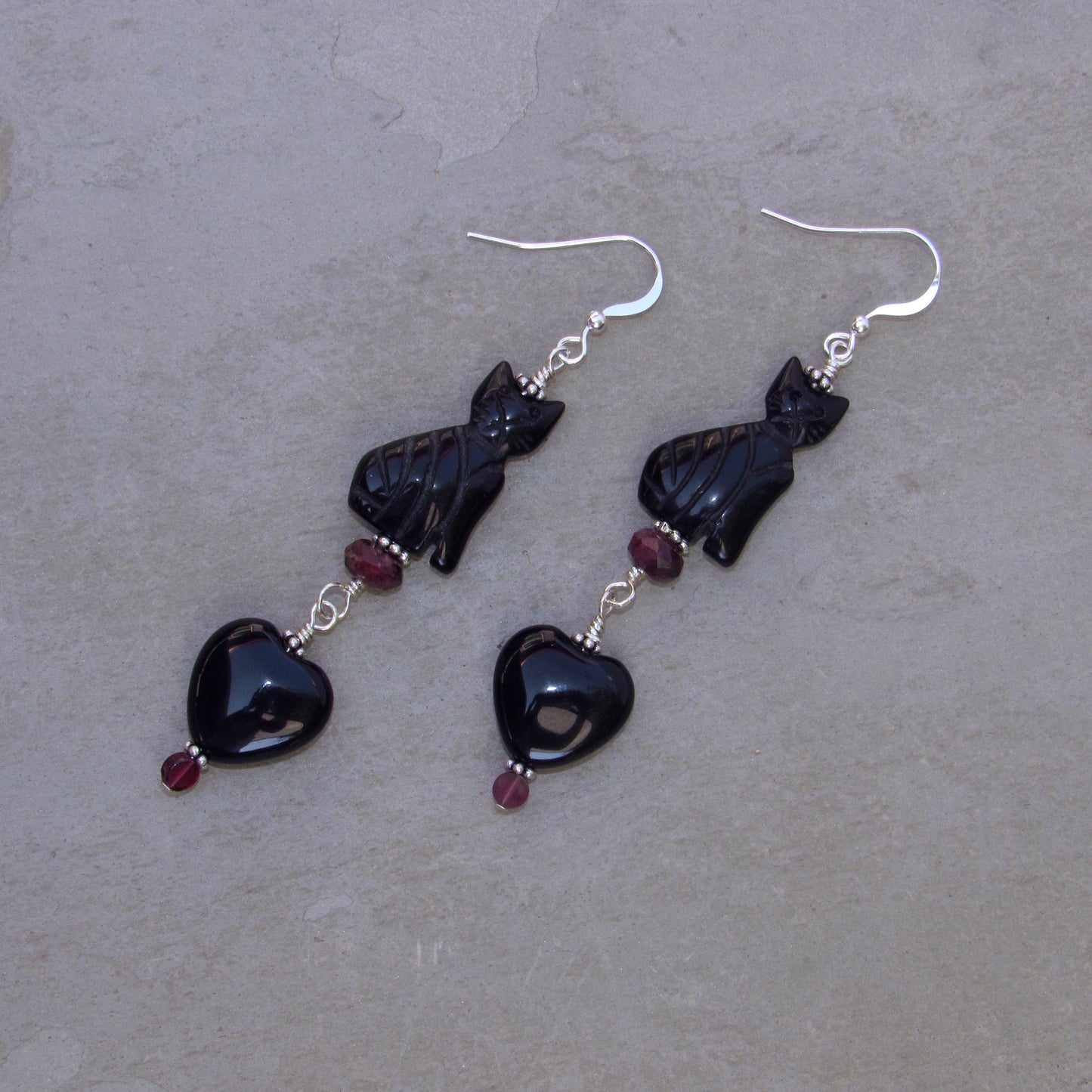 Onyx gemstone Cats and Hearts,  Garnets & Sterling Silver Earrings