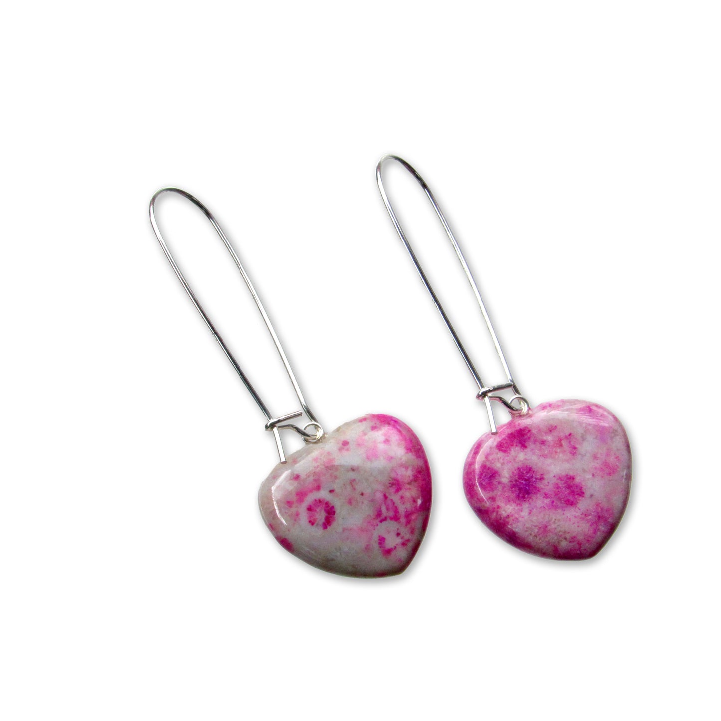 Pink Coral Fossil and sterling silver dangle drop earrings