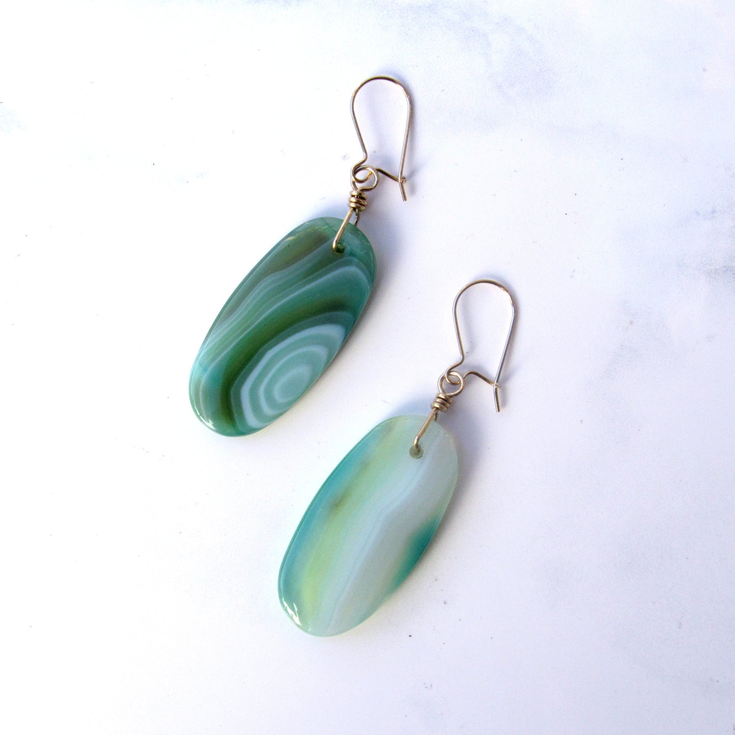 Green Banded Agate gemstone hand wrapped with 14 kt Gold filled Drop Earrings