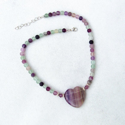 Fluorite gemstone Heart and Beads with Sterling Silver Choker