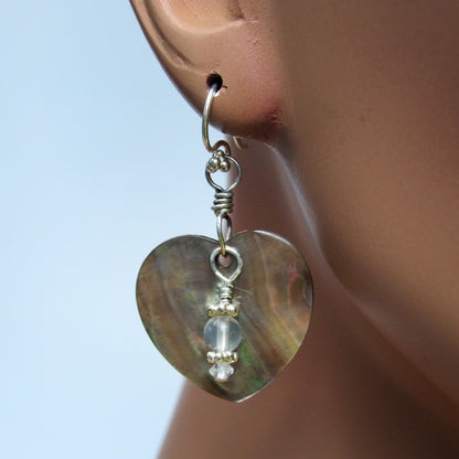 Abalone Heart Earrings, Silver Moonstones, White Topaz, Sterling Silver Drop Earrings