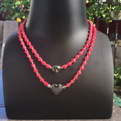 Pink Skulls and Hematite Gemstone Double Necklace