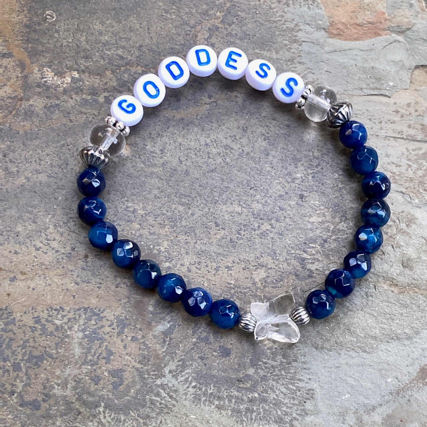 Blue Agate, Clear Quartz, and Sterling Silver “GODDESS” Stretch Bracelet