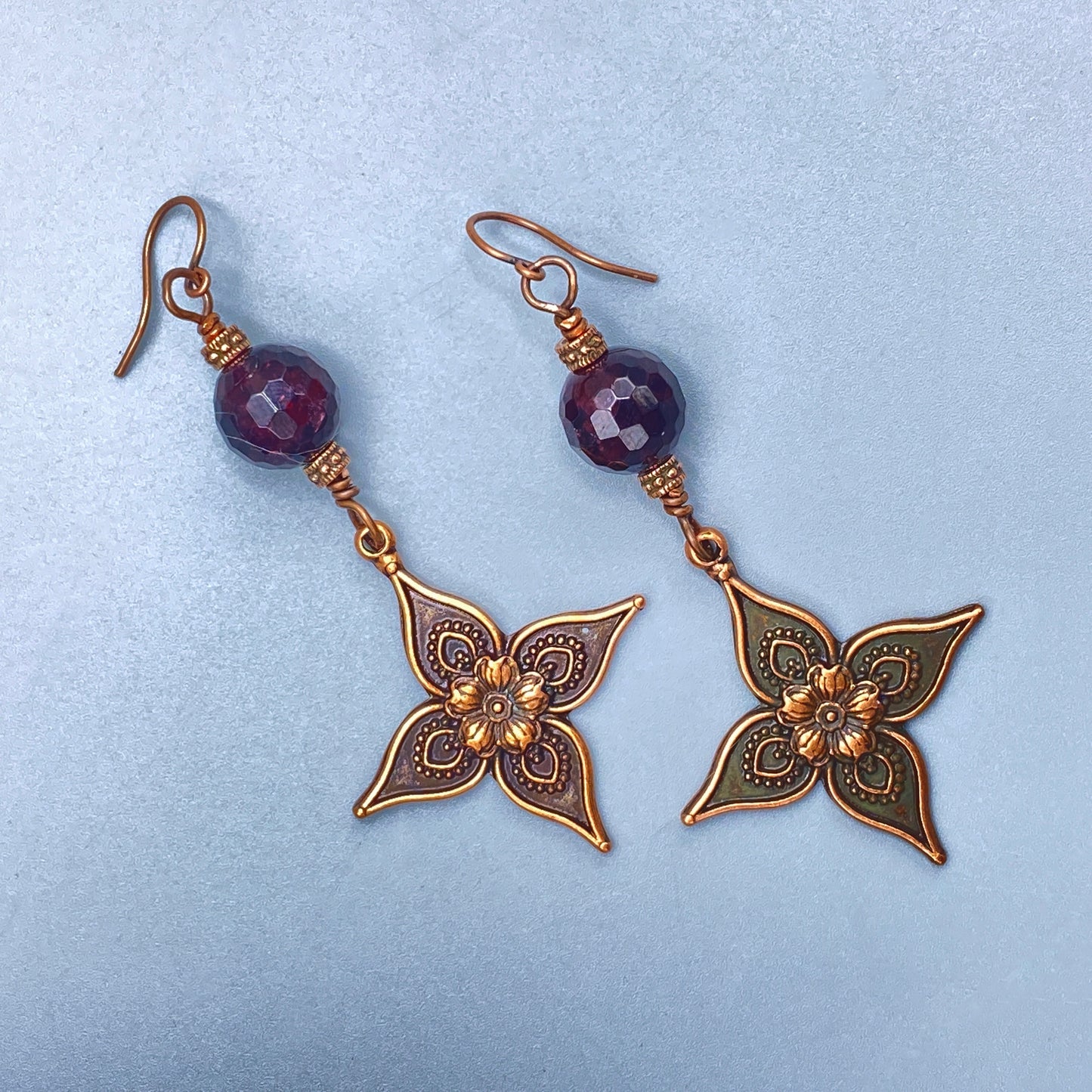 Garnet and Copper Lily Dangle Earrings