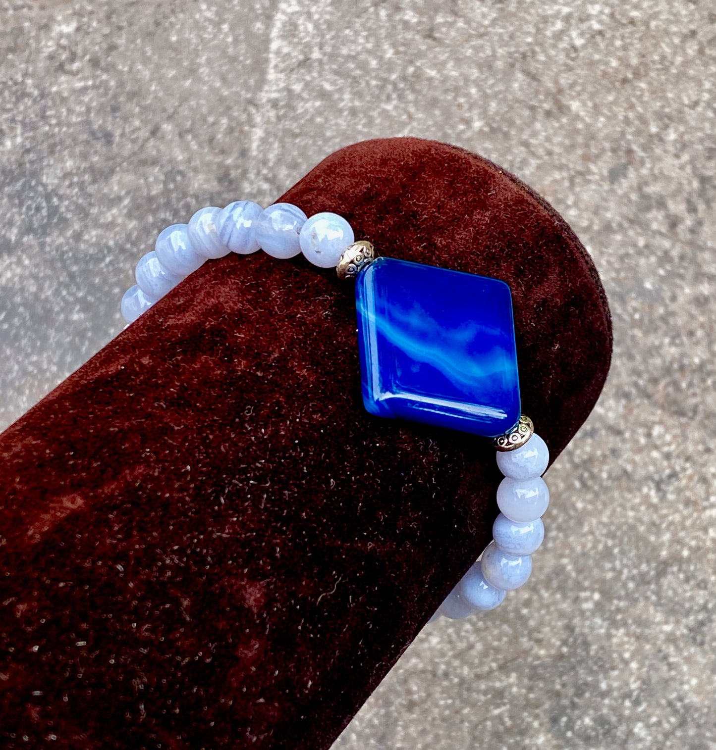 Blue Agate, Blue Lace Agate, Sterling Silver Stretch Bracelet
