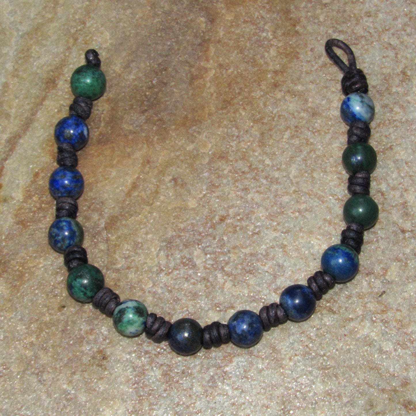 Hand knotted Lapis Lazuli gemstone and Chrysocolla Leather Bracelet