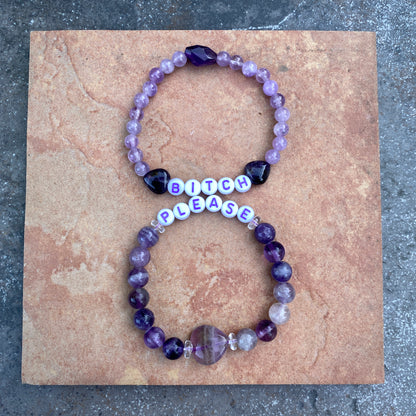 Women’s “bitch please” purple gemstone curse stretch bracelet set