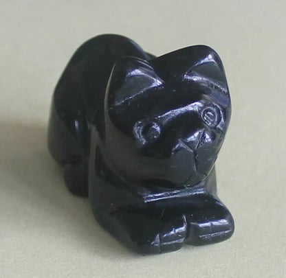 Natural Black Obsidian gemstone carved Kitty Cat