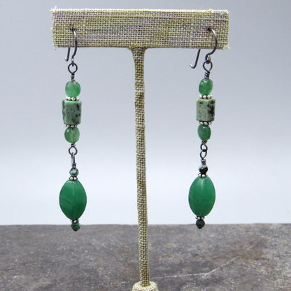 Aventurine, African Turquoise, and Oxidized Sterling Silver Drop Earrings