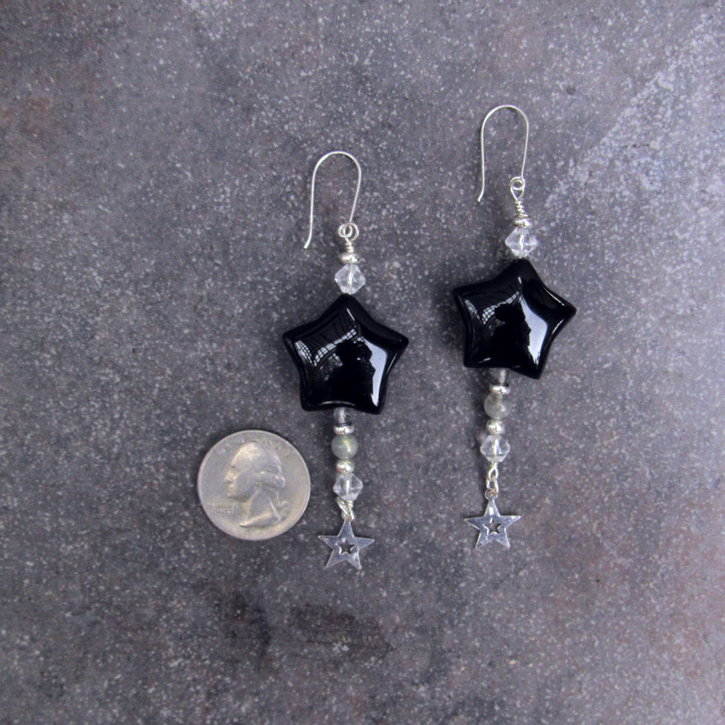 Black Agate Star, Labradorite, Clear Quartz gemstone, and Sterling Silver Drop Earrings