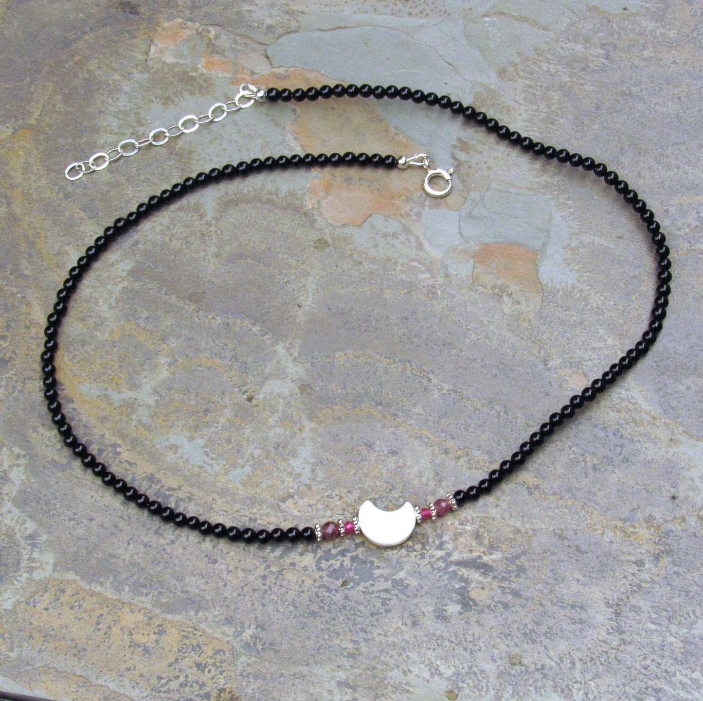 Mother of Pearl Moon Choker w/ Onyx, Pink Tourmaline, Pink Topaz, and Sterling Silver