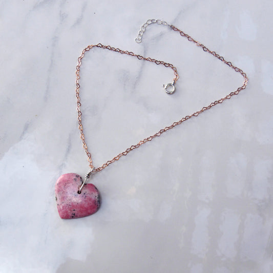Rhodonite Heart w/ Hand Wrapped Sterling Silver, Rose Gold Fill over Sterling Silver Heart Chain