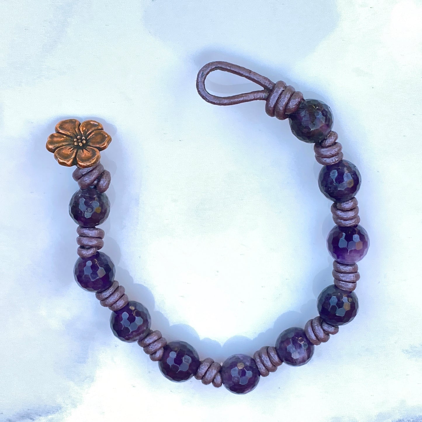 Amethyst Gemstones genuine leather Bracelet and copper flower clasp