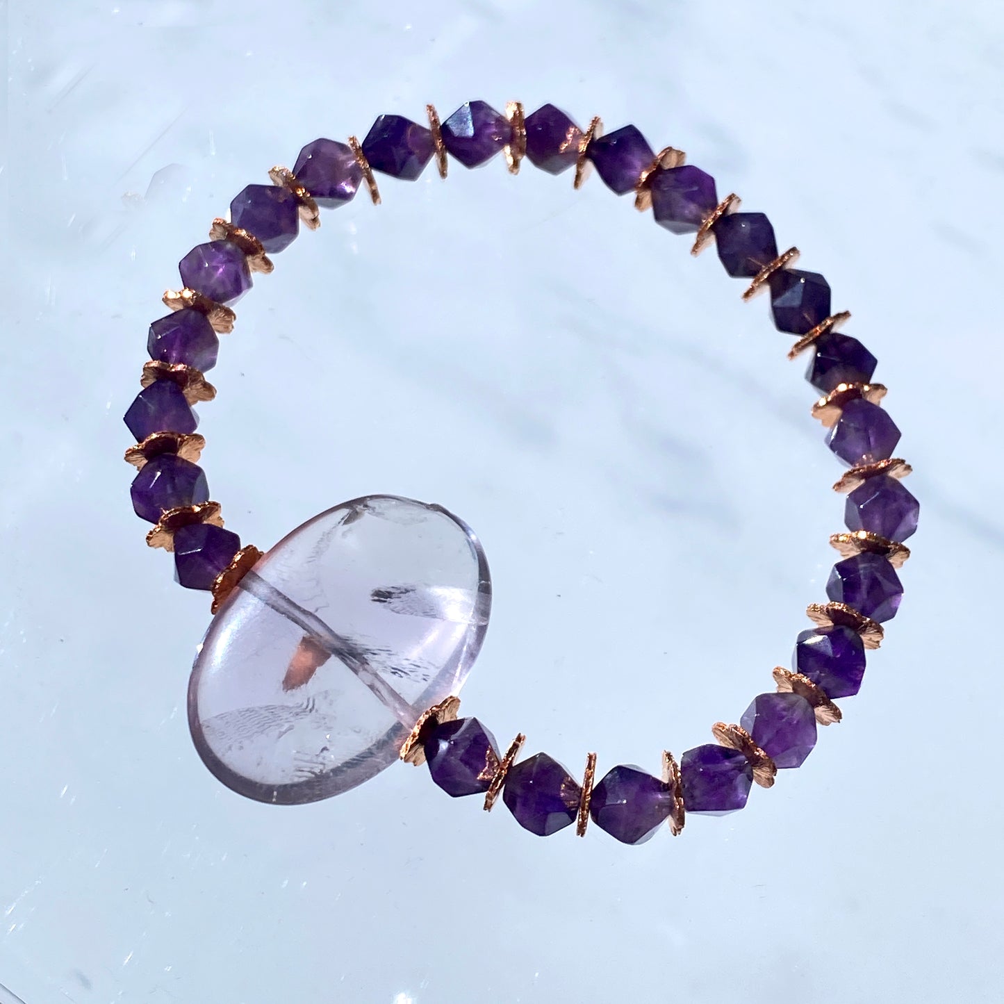 Amethyst gemstone and Copper beaded stretch bracelet