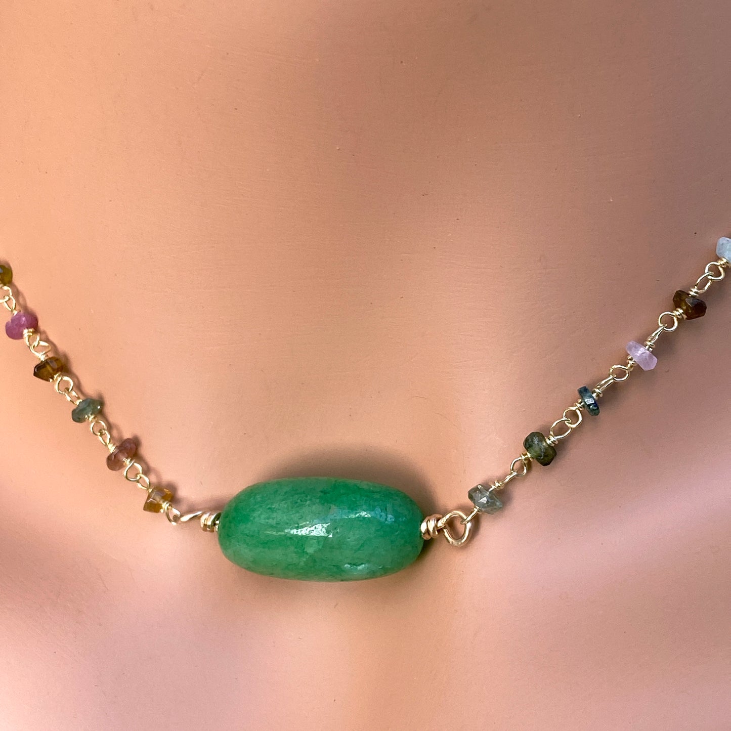 Emerald, Mixed Tourmaline gemstone and Gold over sterling silver choker