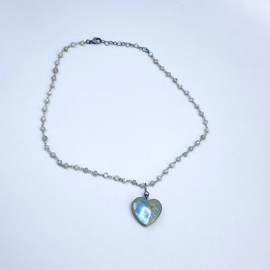 Blue Fire Labradorite Heart Pendant on Labradorite Wrapped Sterling Silver Chain