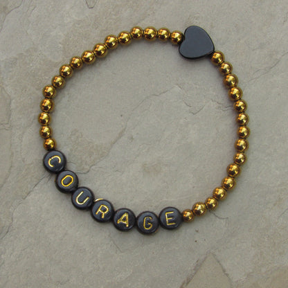 Gold Hematite and Onyx gemstone Heart "COURAGE" bracelet