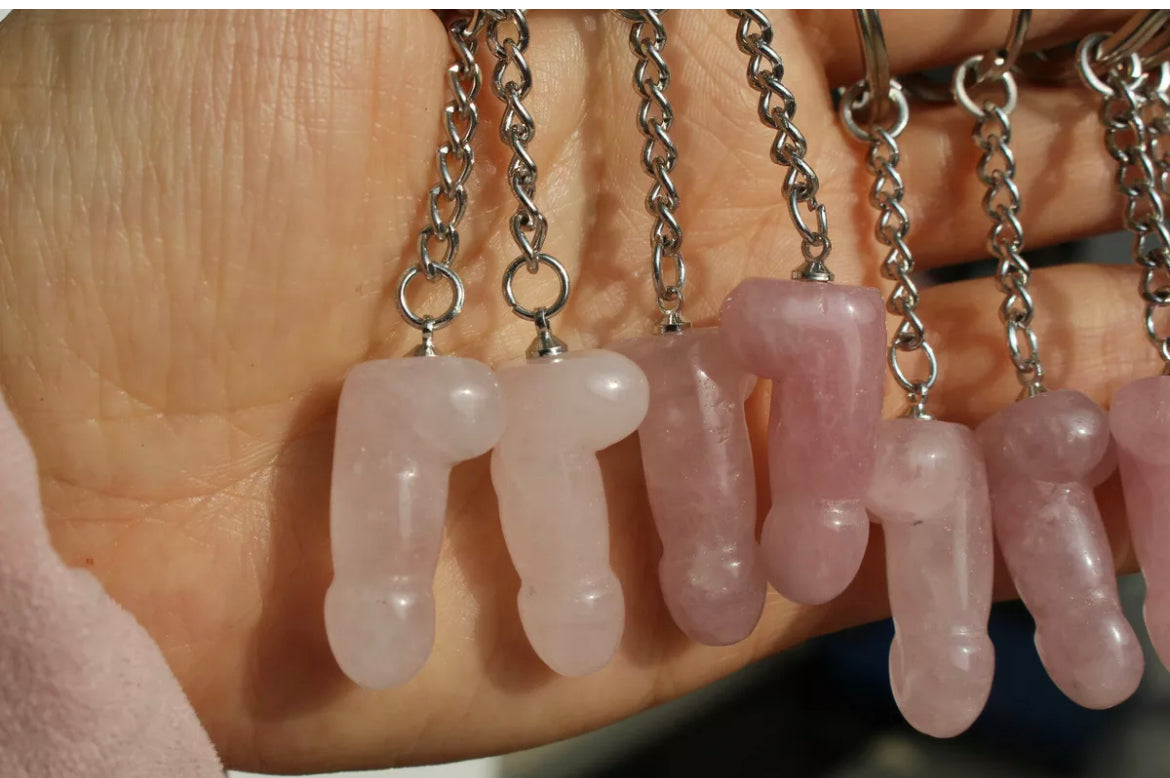 Natural Rose Quartz Crystal Penis Keychain