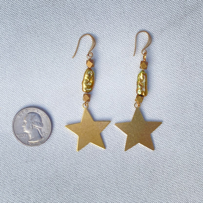 Brass Star and Green Pearl Drop Earrings