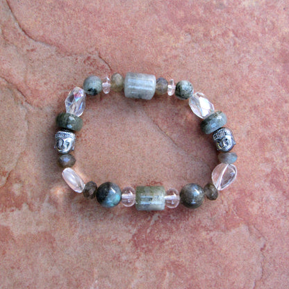 Labradorite, Hematite Buddha, and Quartz stretch bracelet