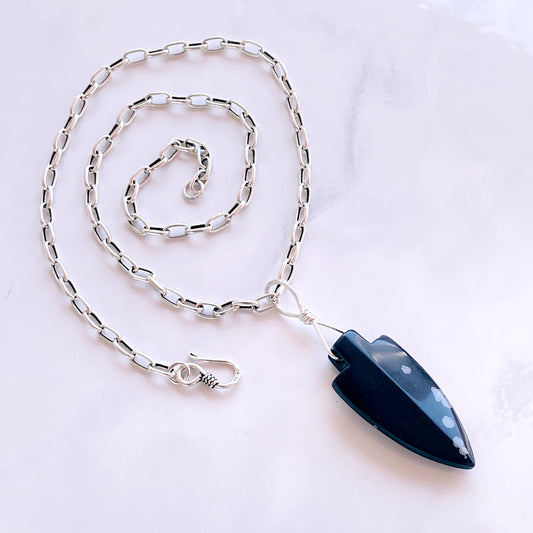 Snowflake Obsidian gemstone Arrowhead on silver chain Necklace
