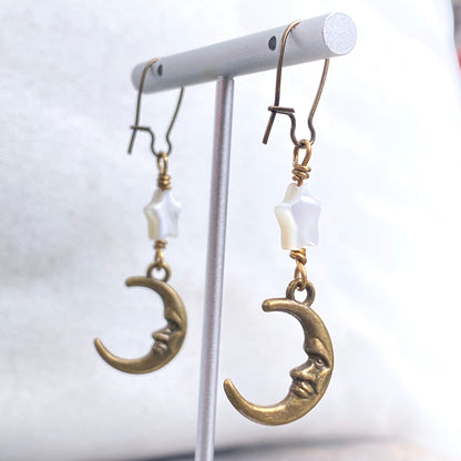Mother of Pearl Stars with brass crescent Moon face Earrings