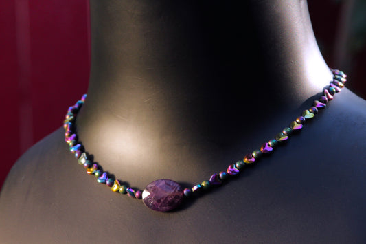 Rainbow Hematite and Amethyst gemstone choker necklace
