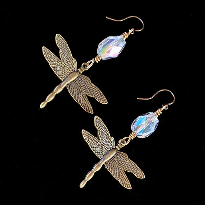Brass Dragonfly and Quartz gemstone Dangle Earrings