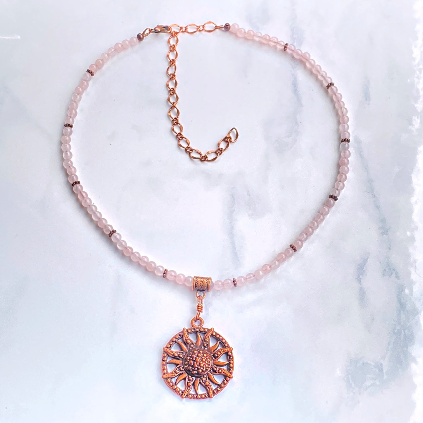 Rose Quartz gemstone  and copper Sun pendant beaded necklace