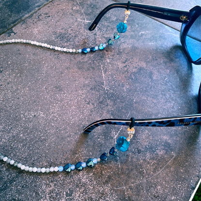 Blue Howlite Flower, hematite, blue chalcedony, labradorite, gemstone eyeglass holder