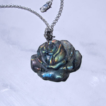 Rainbow Labradorite Carved Rose, Hand Wrapped w/ Sterling Silver on Sterling Silver Chain