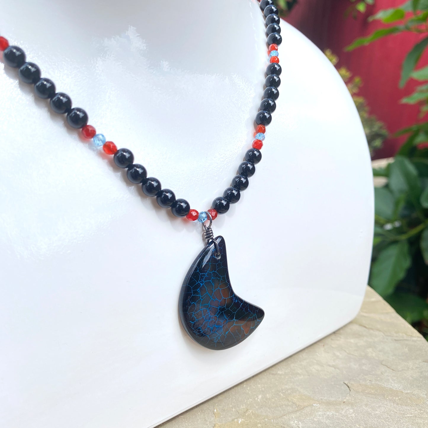 Unisex Agate moon on Onyx, Red Agate, Blue Topaz Gemstone Necklace