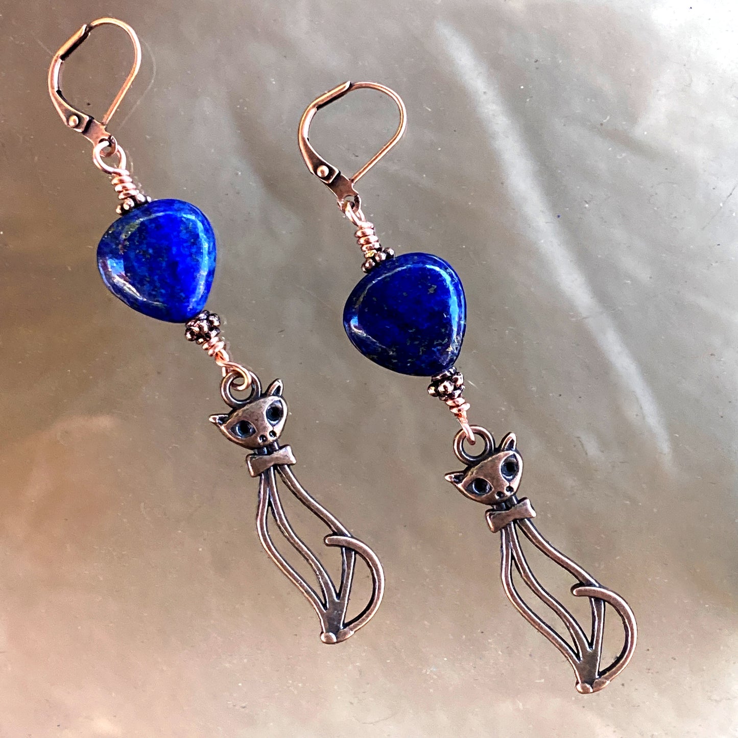 Lapis Lazuli gemstone Hearts and Copper Kitty Cat Drop Earrings