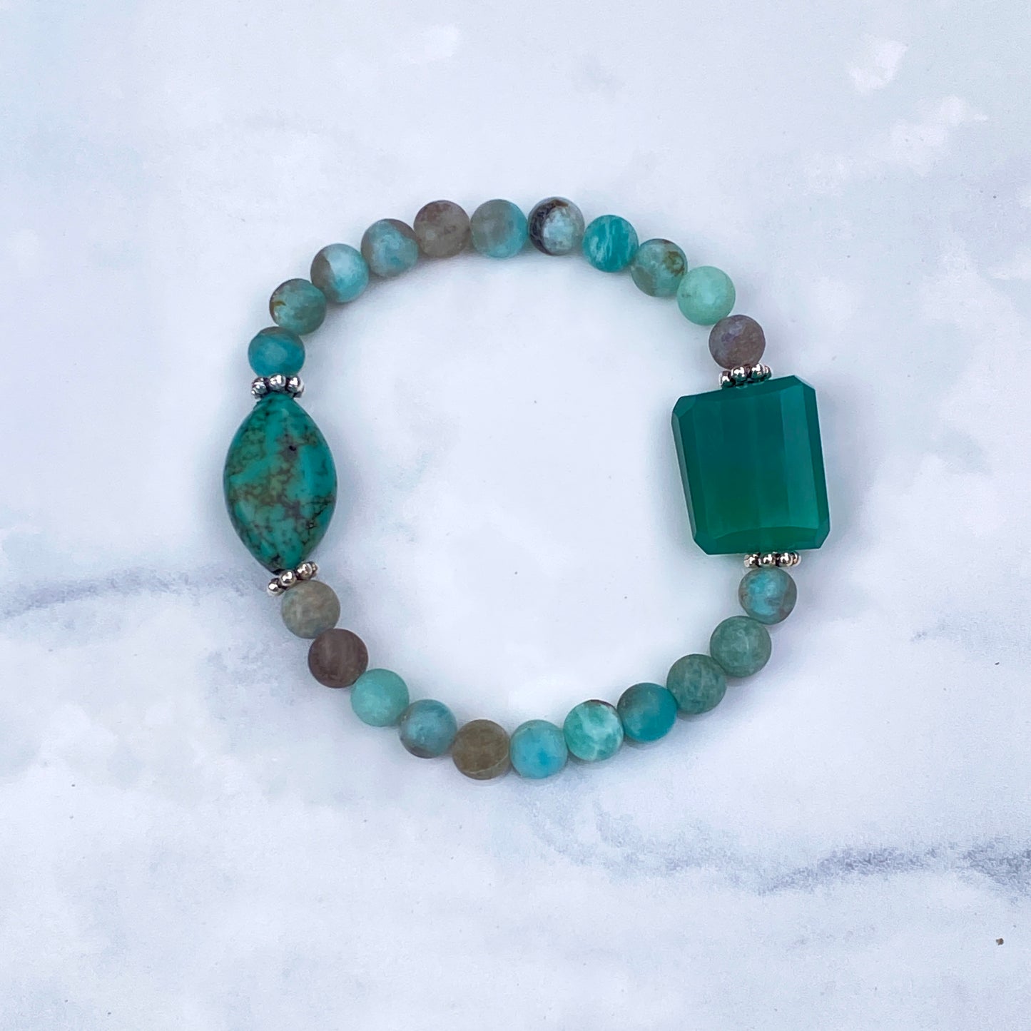 Green onyx, Amazonite Gemstone, Natural Turquoise, and Sterling Silver Stretch Bracelet