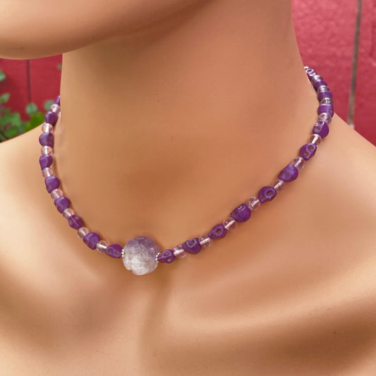 Amethyst gemstone and Howlite Skull and Rose Necklace