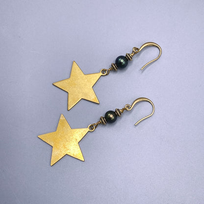 Pearl and Raw Brass Star Earrings
