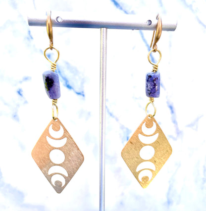 Tanzanite and Brass Moon Earrings