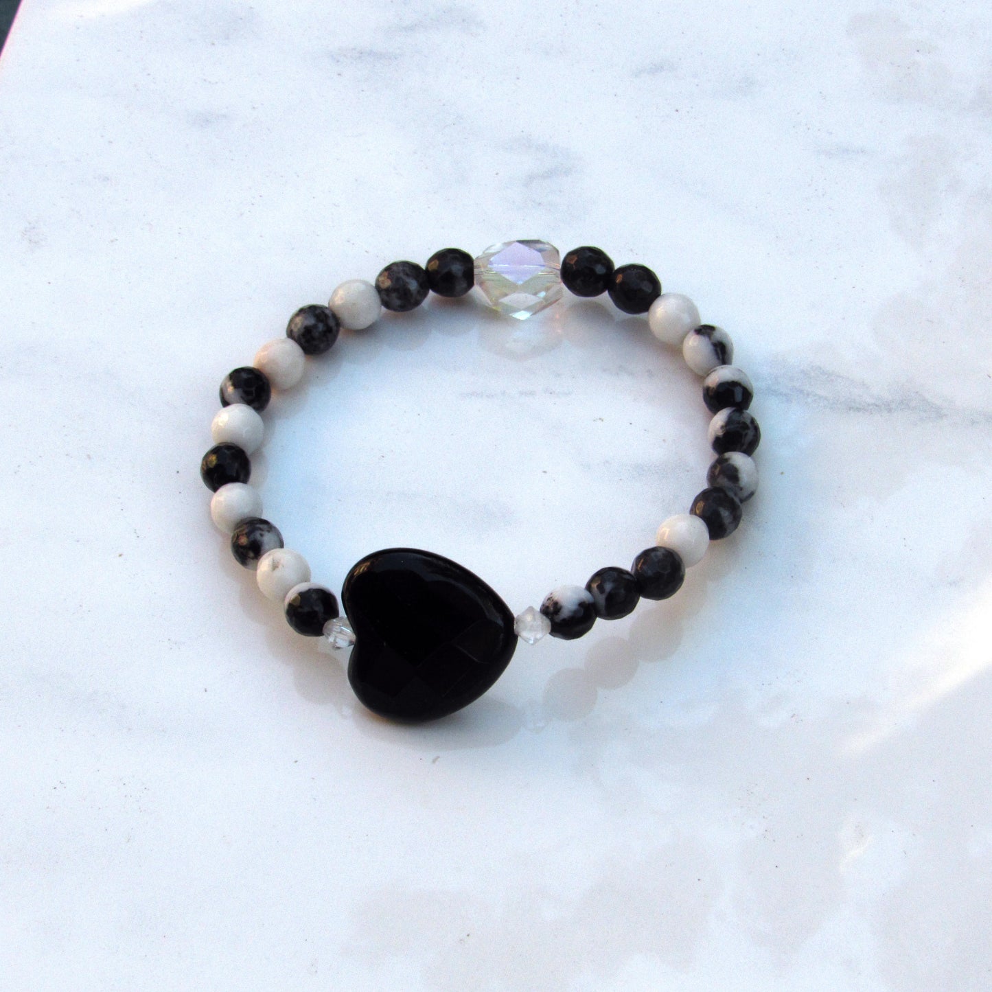 Onyx Gemstone Heart, Zebra Jasper, and Clear Quartz Stretch Bracelet