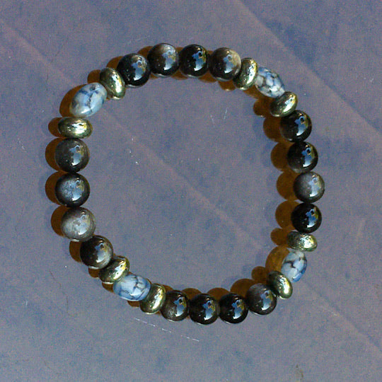Men's Silver Obsidian, Pyrite and Dragon’s Vein of Agate Gemstone stretch bracelet