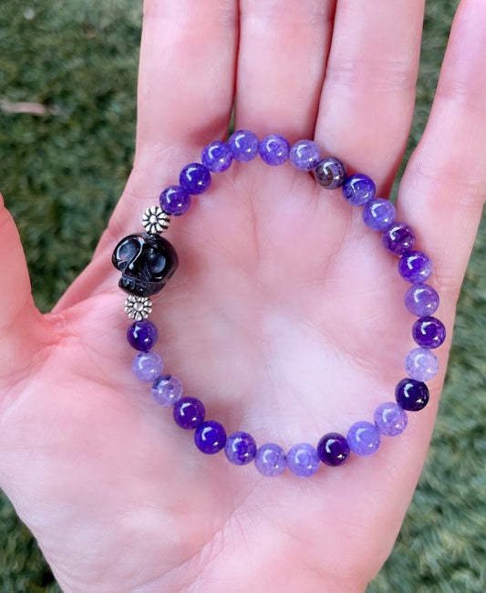 Purple Agates, Onyx Skull Beaded Stretch bracelet
