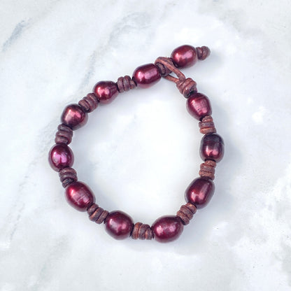 Red Pearl and Leather Bracelet