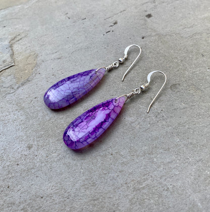 Purple Dragon’s Vein Fire Agate & Sterling Silver Earrings