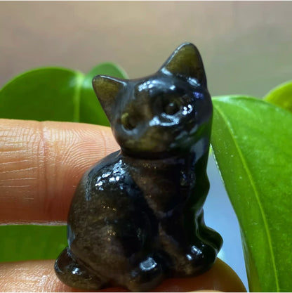 Natural Gold Obsidian gemstone Carved Crystal Kitty Figurine