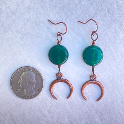 Green Onyx gemstone wrapped copper Moon dangle earrings